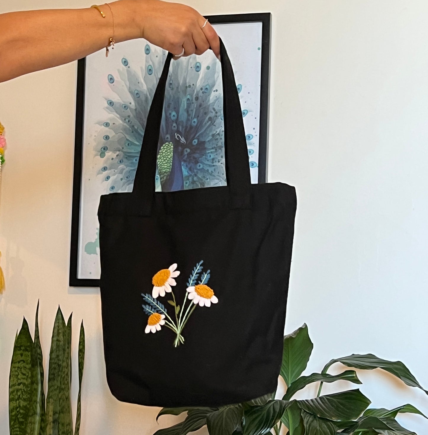 Embroidery tote bag with flower print