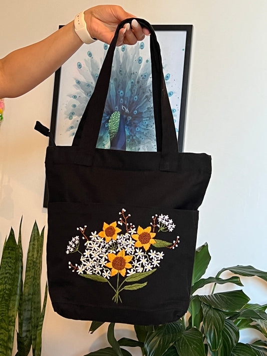 Embroidery tote bag with sunflower print